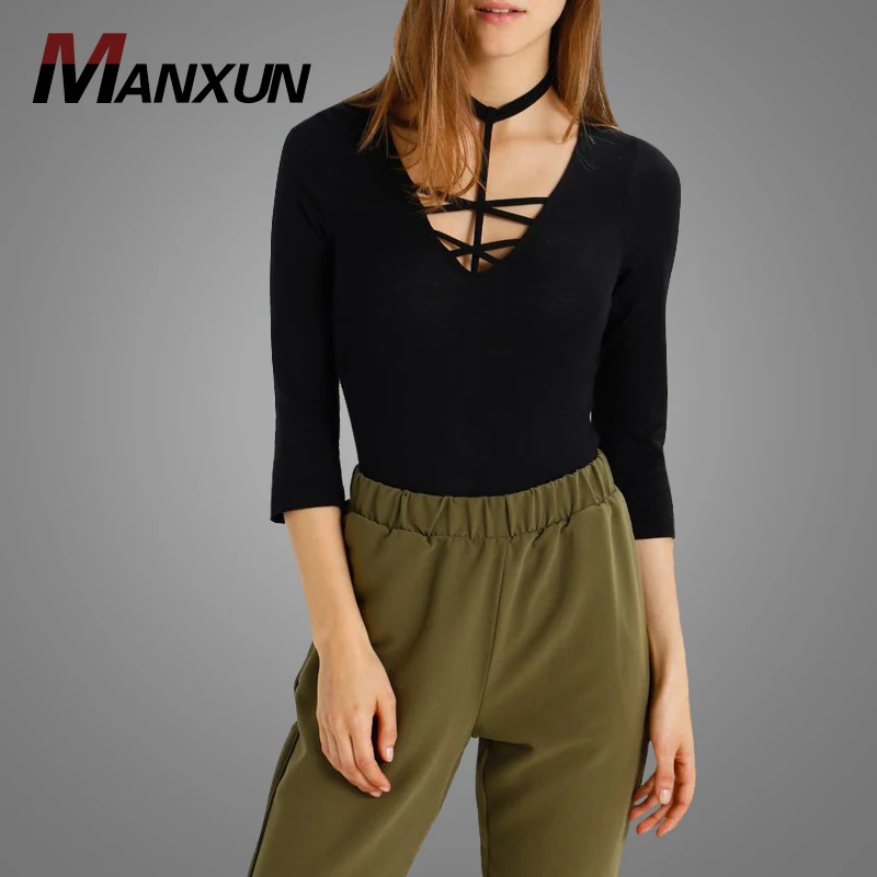 High Fashion Lady Sexy V Neck Blouses Fitted Plain 3/4 Sleeves Women Blouse