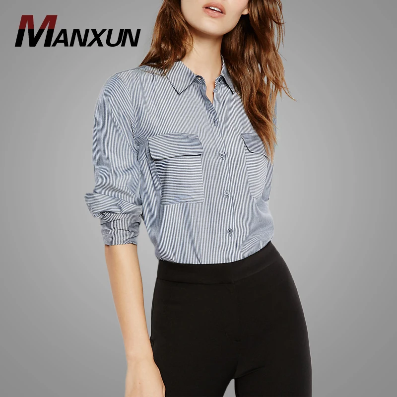 Dongguan Wholesale Long Sleeve Polyester Gray Stripe Shirt for Women Gender Casual Blouse Women