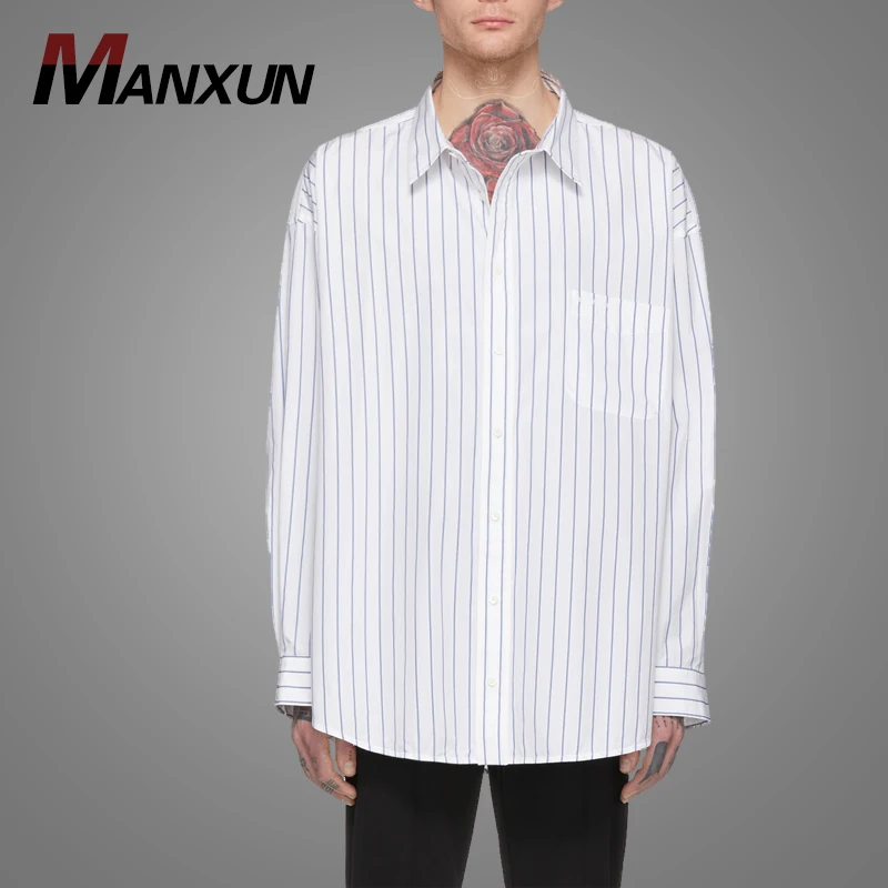 High Quality White And Blue Oversized Pinstripe Shirt Poplin Dress Shirts For Men