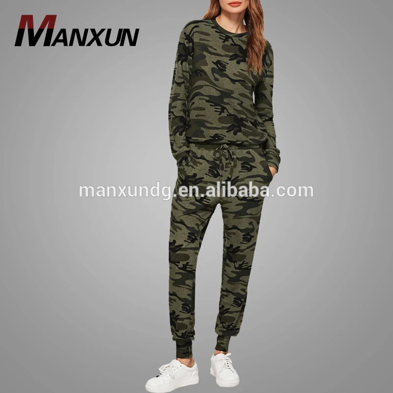 Wholesale High Quality Women Sweat Suits Custom Latest Design Green Camo Tracksuit
