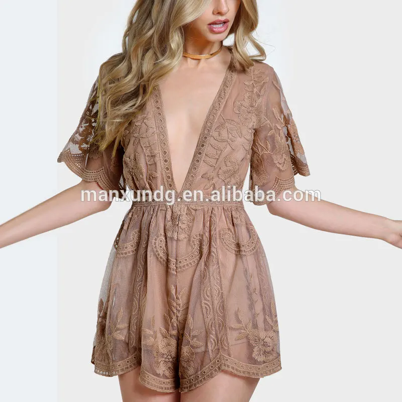 Girl Deeper V Lace Romper Mauve Colors Jumpsuits Short Sleeves Rompers Jumpsuits Women 2017