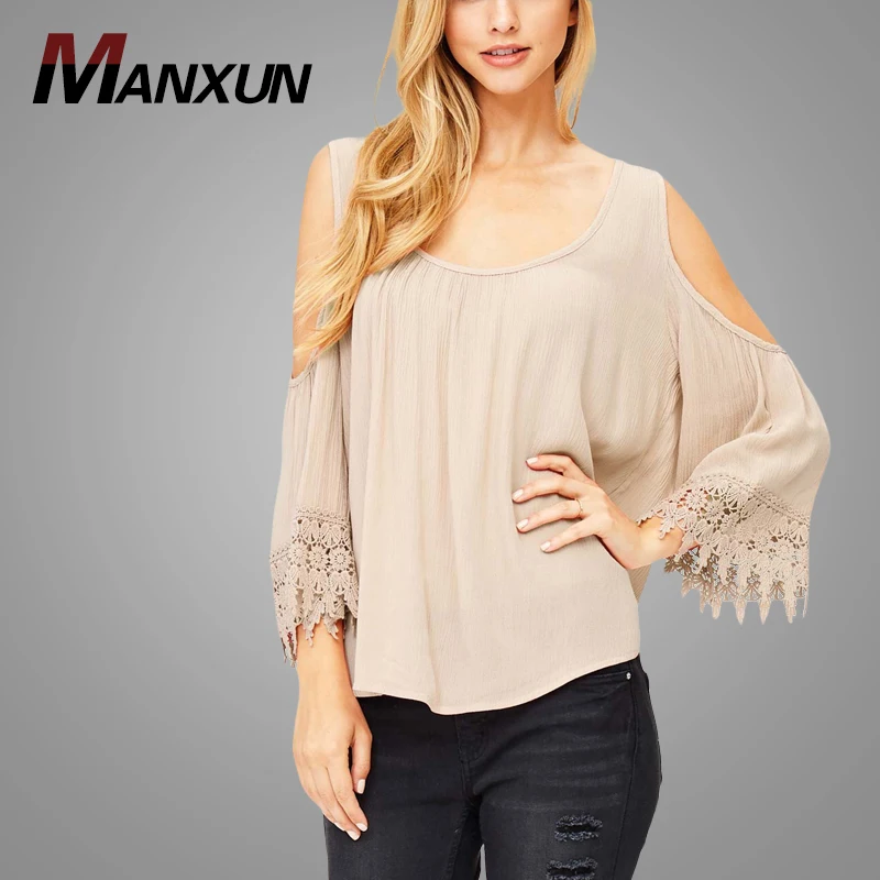 Wholesale Fashion Linen Blouse Custom Summer Cold Shoulder Lace Blouses Hot Sell Women Top