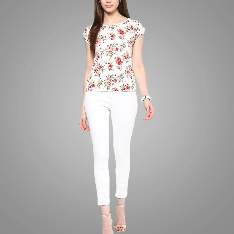 95% Cotton and 5% Spandex Comfort Fashion Womens White T-shirt Print Floral Summer Girls Casual T-shirt 3
