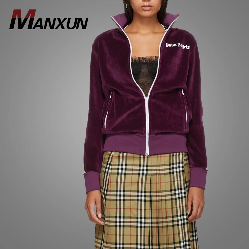 High Quality Long Sleeve Velour Track Jacket Coat Purple Zipper Up Women Jacket 2018