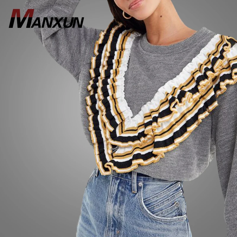 2019 Fashion Crewneck Long Sleeve Grey Hoodies Oversized Casual Layered Ruffle Pullover Hoodies Sweatshirts For Girls