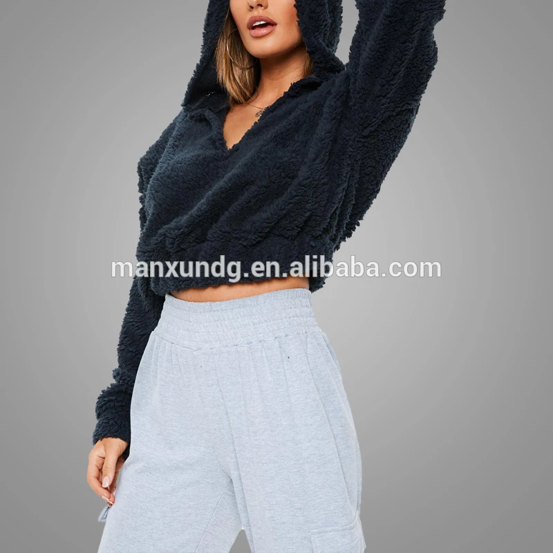 High Quality Navy Teddy Fuax Fur V Neck Cropped Women Winter Sweatshirt Hoodies Tops 7