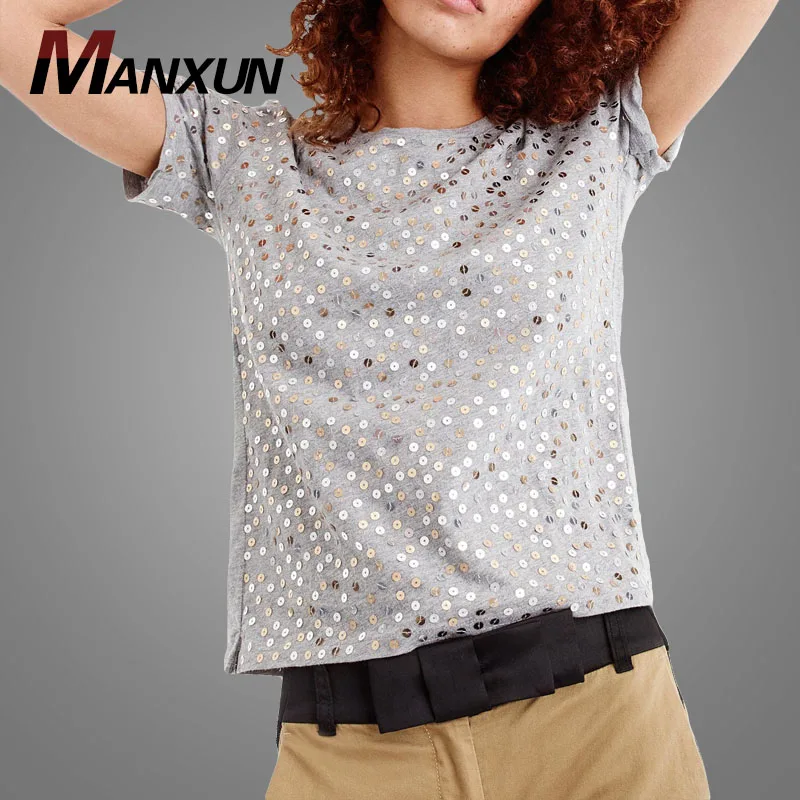 2018 Stylish Sport Shirt Woman Metallic Sequin T shirts for Women T shirt Wholesale China