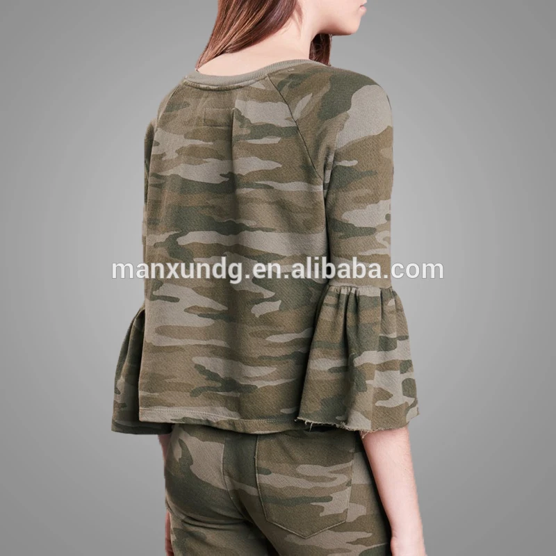 China Supplier Latest Design Women Flare Sleeve Camo Tops High Quality Gym Sportswear Fitted  Camo Tracksuits 7