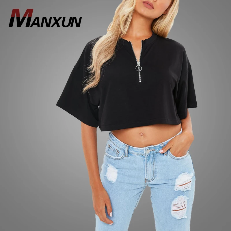 Latest Design Women Short Crop T Shirt Stylish Black Half Zipper Hip Hop Plain T-Shirt Top