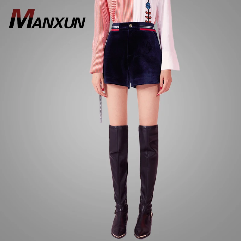 China New Autumn Clothing Stripe Elastic Waist Velvet Shorts Navy Blue Womens Casual Pants with Cord