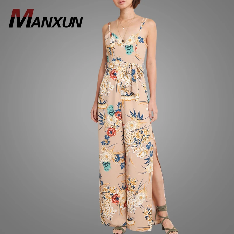 Latest Fashion Printed Design Women Jumpsuits Sexy V-neck Summer Clothing Foot Side Slit Jumpsuit