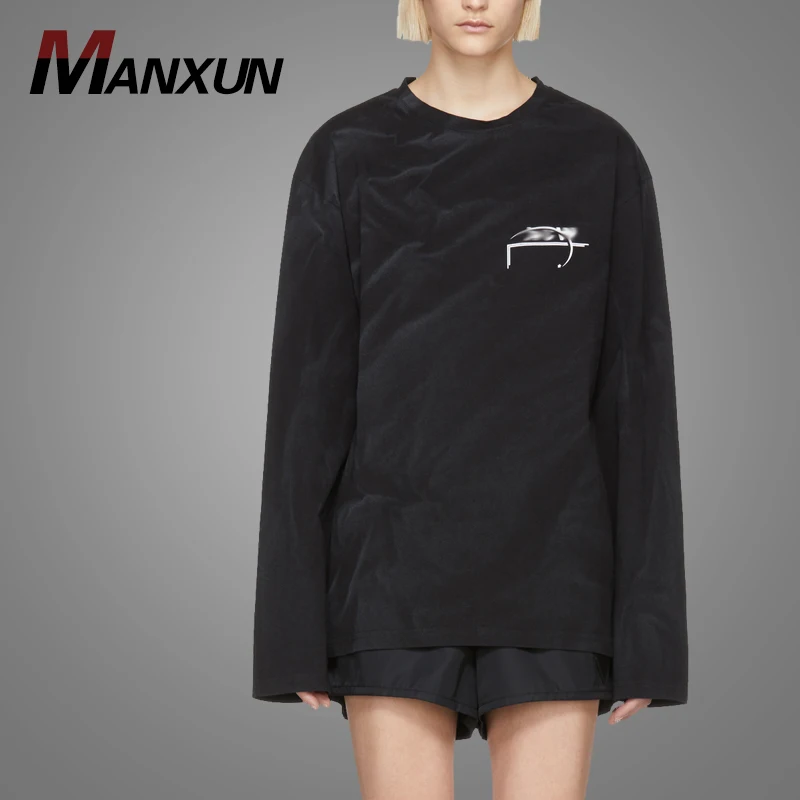 Customized Cotton Black Long Sleeve T-Shirt Jersey Rib Knit Crew Neck Collar Women T Shirt