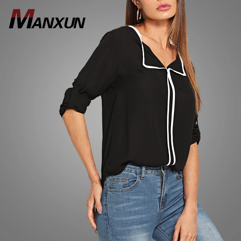 Latest Deign Chiffon Black Contrast Blouse Long Sleeve Ladies Uniform Blouse Tops 2018