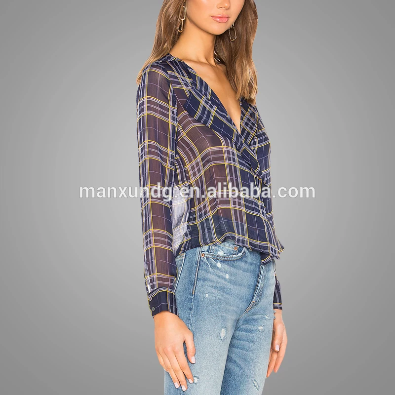 Latest Design Plaid V-neck Sexy Women Top Custom Fashion Elegant Womens Tops Blouses 2018 3