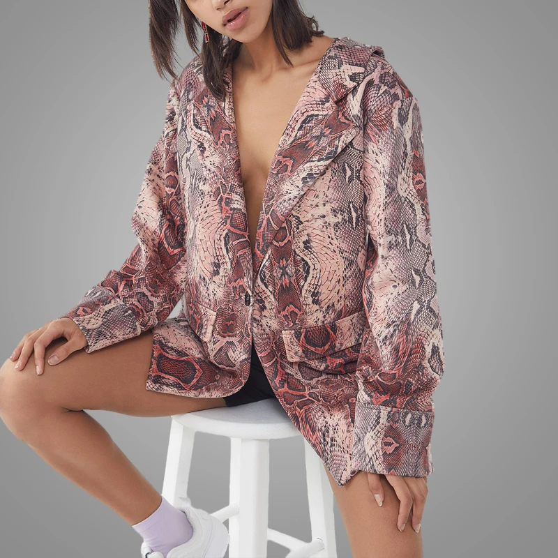 Latest Design Snake Print Relaxed Blazer Lady Waterproof Jacket Deep V-neck Sexy Jacket Women