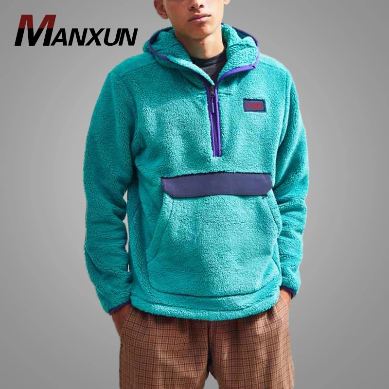 OEM Custom Teddy Pullover Hoodie Men Fleece Cotton Sweatshirt Mens Fashion Mint Green Half Zip Hoodie