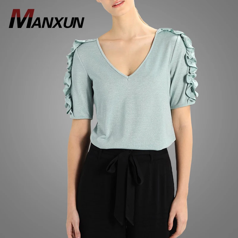 New Trendy Women Plain Short Sleeve Blouses Fashionable V Neck Ruffle Tops Blouses 2018