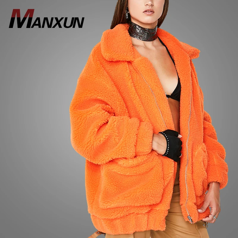 High Quality Oversized Teddy Jacket Big Pocket Zip Up Velvet Thick Streetwear Women Winter Orange Jacket