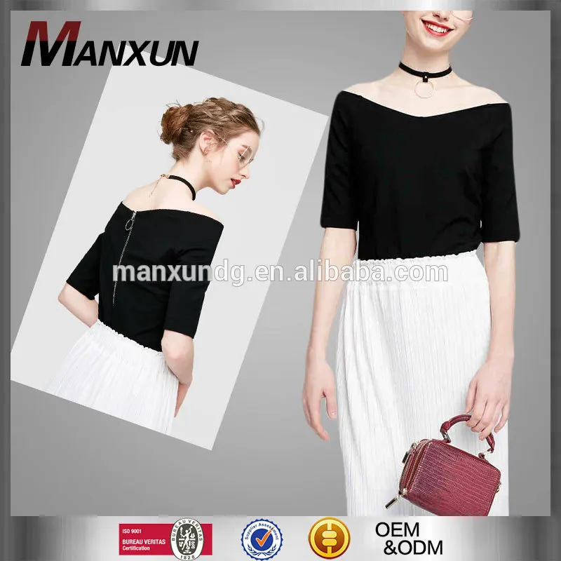 Half Sleeves Slim Knit T-shirt With Zip In Back 2017 Latest Sexy Girls Long Sleeve Crop Top Off-Shoulder Slim Fit Crop Tops