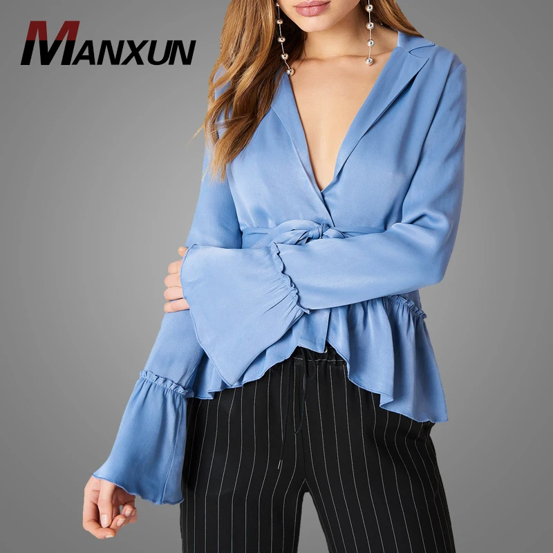 Factory Direct Wholesale Cheap Women Plain Long Sleeve Frill Blouses Sexy Deep V Neck Tie Waist Satin Blouse Tops
