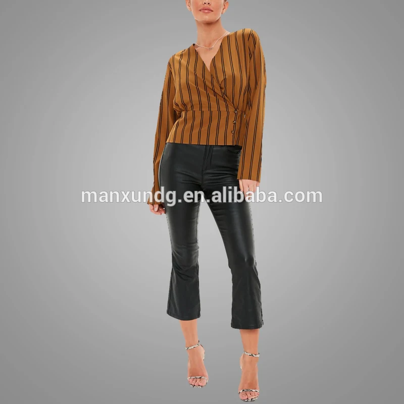 Top Design Black Stripe Wrap Deep V Neck Button Blouse Brown Casual Women Blouse Tops 2019 5