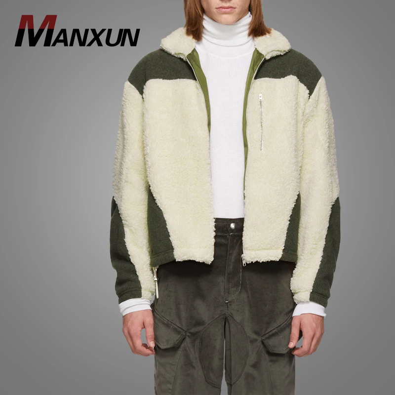 New Design Sherpa Sweater Colorblocked White And Green Thick Mens Winter Jacket Coat
