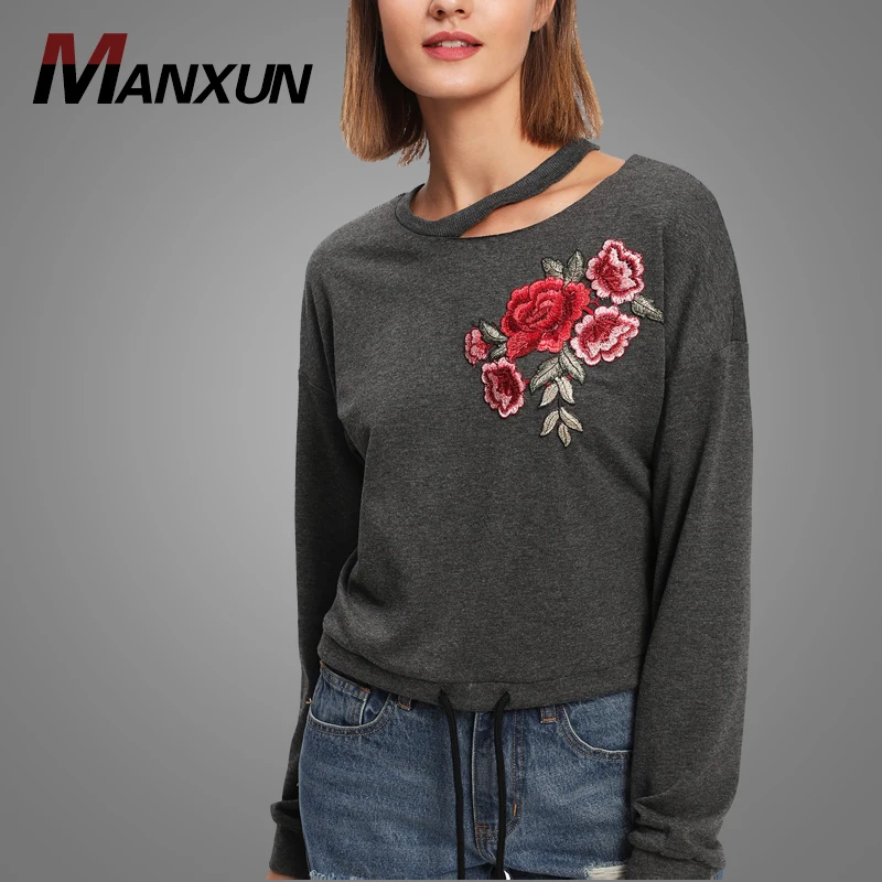 Latest Design Custom Flower Applique Crewneck Pullover Gray Women Sweatshirt 2018