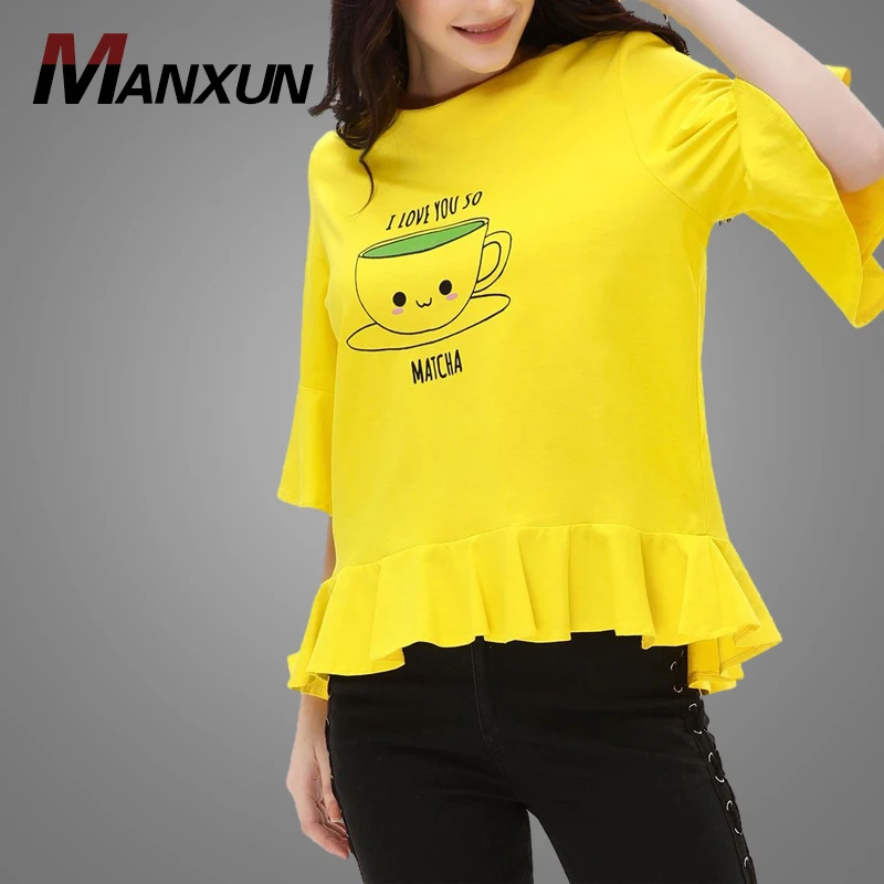 Custom Slogan Ruffle Back Zip Tshirt Short Sleeves Yellow Ladies T Shirt 2018