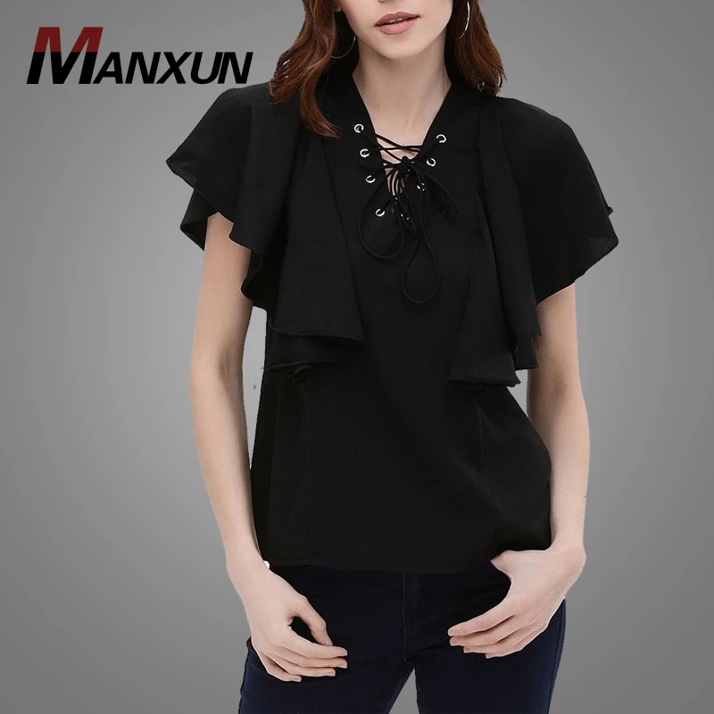 Latest Design Elegant Knitted Black Eyelet Lace Up Ruffle Blouse Top 2018