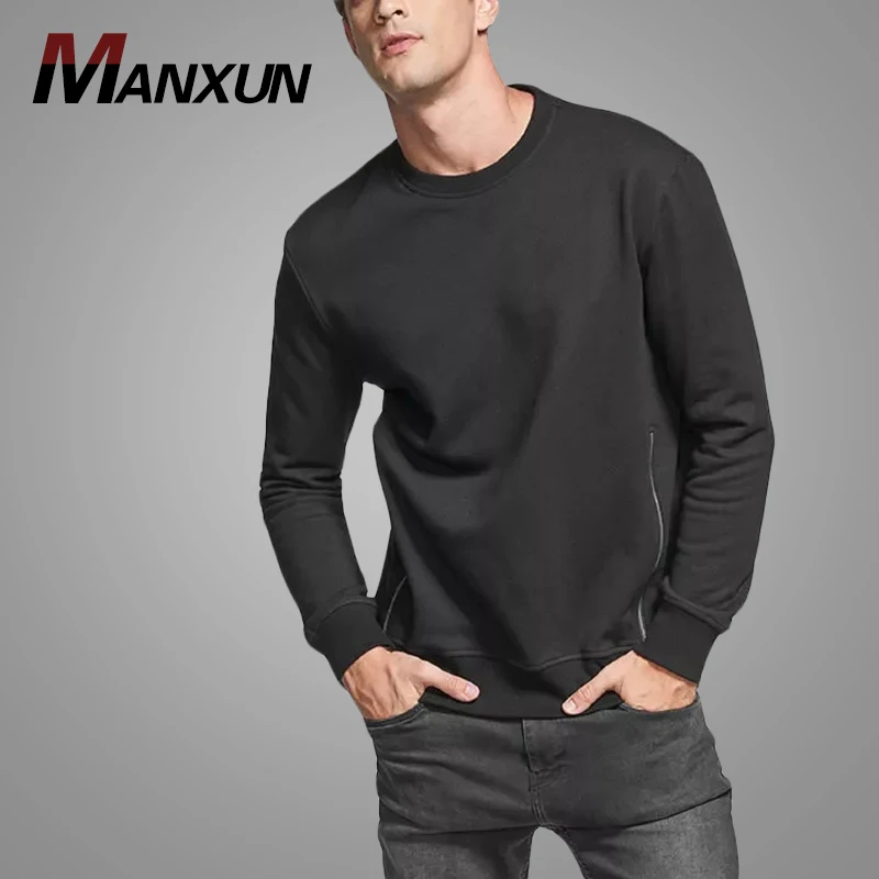 Latest Design Men Zip Side Patched Sweatshirt Hot Sell Pullover Sweatshirts Custom Black Sweatshirt