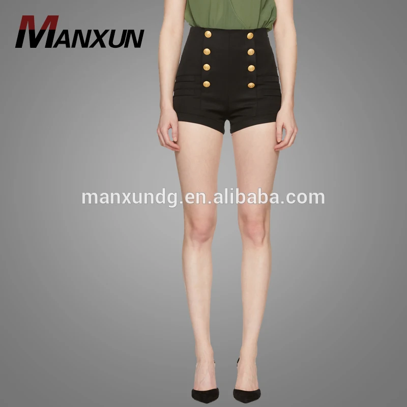 New Arrival Black Wool Button Shorts Slim Fit Women Plain Short Pants