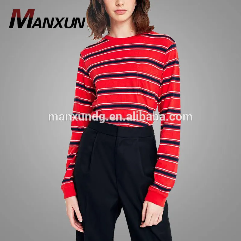 Cheaper Casual Top Soft Cotton Women Blouse Red Striped Curved Neck Long Sleeve T-Shirt