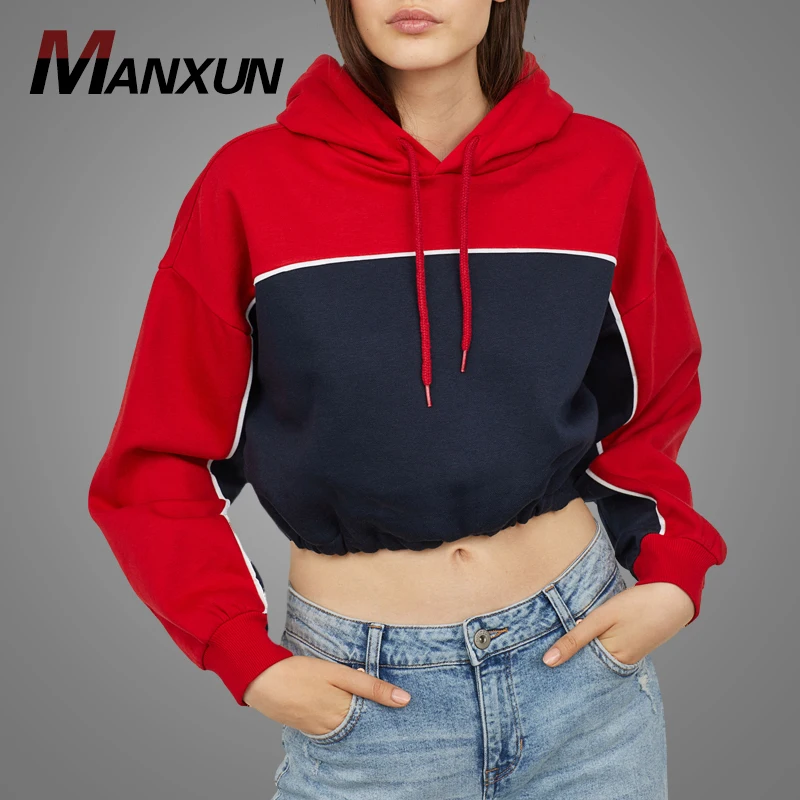 Custom Autumn Fashion Polyester and Cotton Blank Hoodies Sweatshirt Slim Fit Colorblock Cropped Drawstring Pullover Hoodies