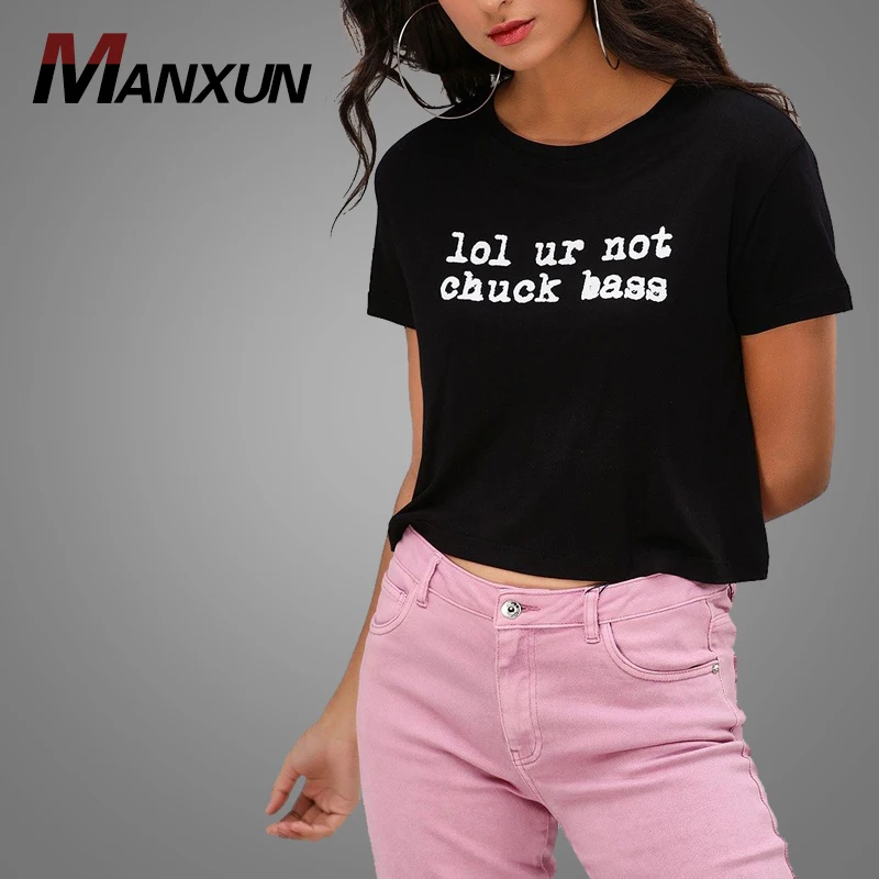 Custom Logo And Slogan Print Crop T-Shirt Black Slim Fit T Shirt For Women