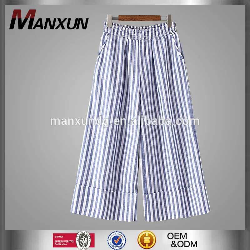 2018 Casual Every Day Style Ladies Trousers Elastic Waist Vertical Striped Wide Leg Pants