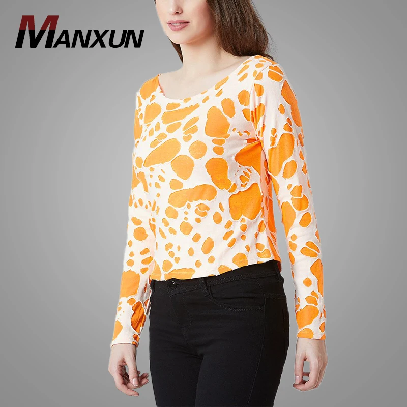 Latest Design Crew Neck Long Sleeve Fashion White and Orange Hole Girls Women T-shirt Lady