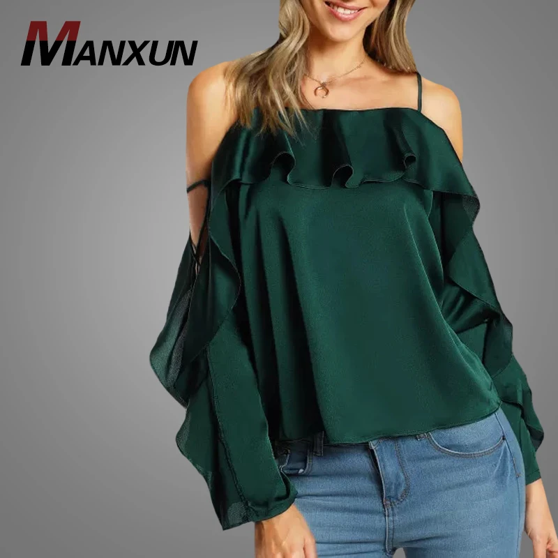 2018 Autumn Customized Fashion Green Lace Up Blouse Sexy Spaghetti Strap Cold Shoulder Flounce Trim Blouse Tops