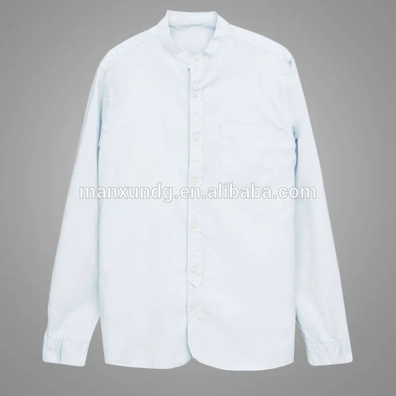Wholesale Washed Mens Button Shirts Casual Denim Cotton Light Blue Men Stand Collar Shirts 5