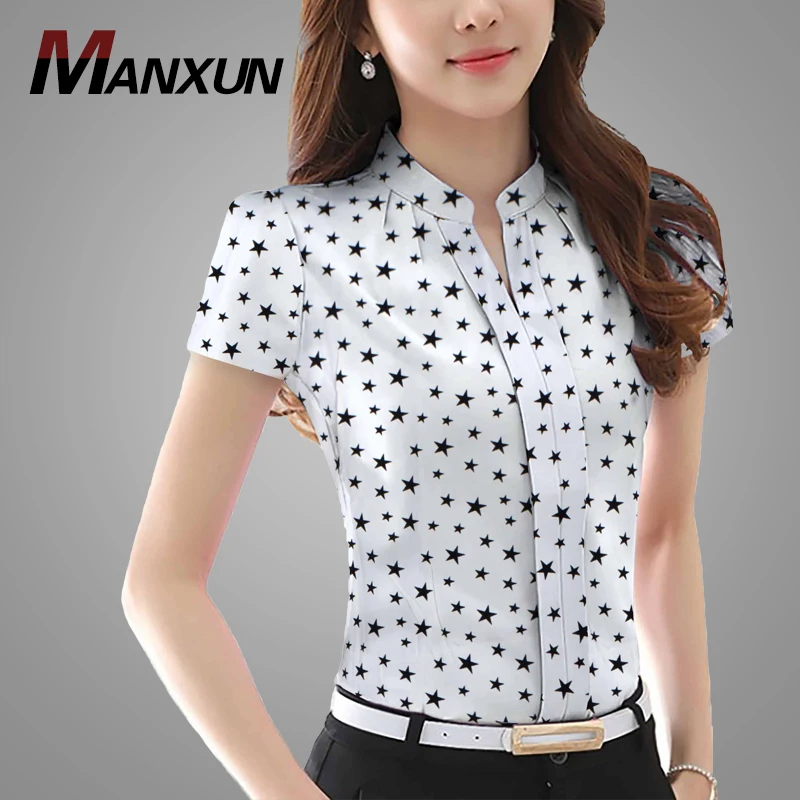 Top Design Stars Printing White Short Sleeve Women Shirt Round Collar Casual Blouse Shirt for Women