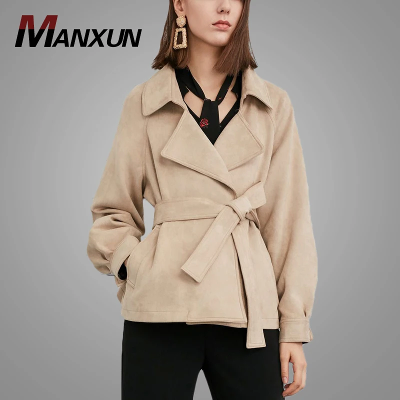 Hot Sale Polyester and Spandex Women Windbreaker with Belt Solid Color Autumn Jacket for Women