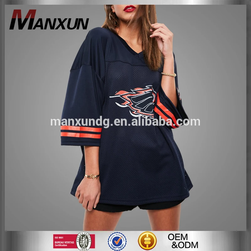 Custom Design V Neck Ladies T Shirt Navy Oversized Pattern Printing Machine Women Tshirt