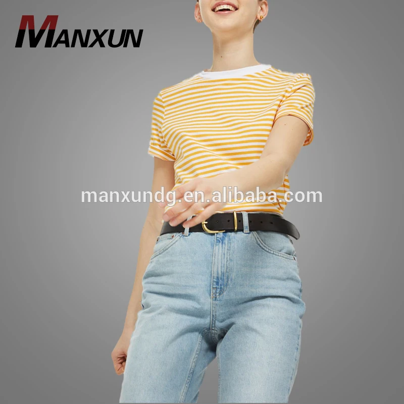 Latest Design 100% Cotton Women Striped T-Shirt Short Sleeve Ladies T Shirt 2018