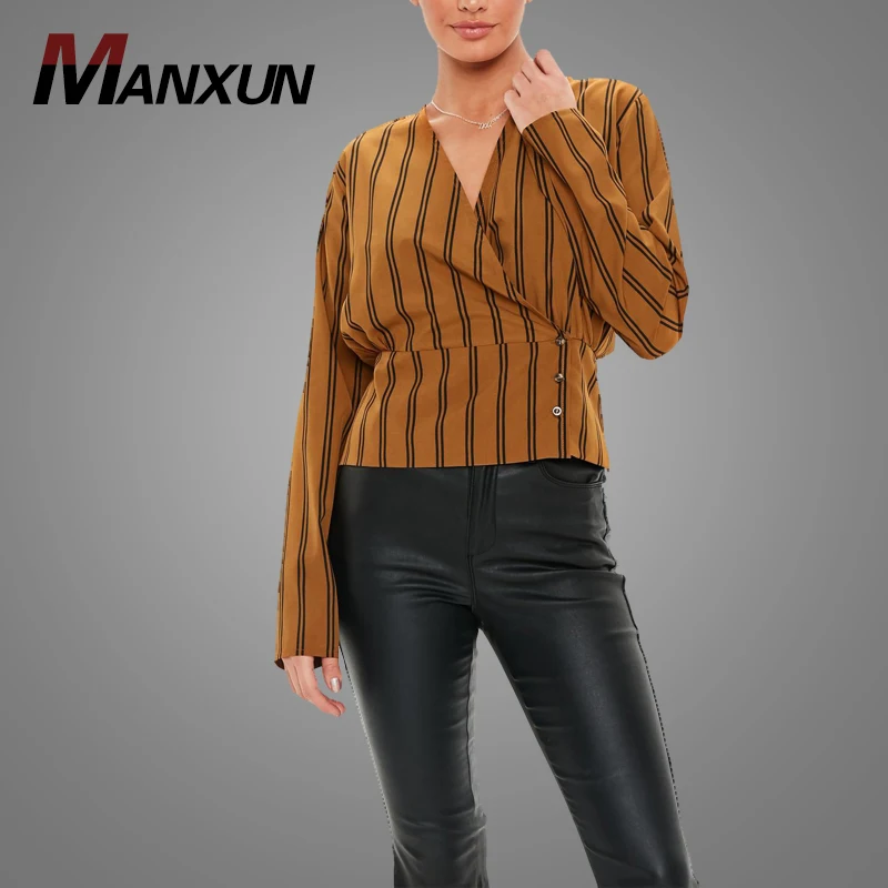 Top Design Black Stripe Wrap Deep V Neck Button Blouse Brown Casual Women Blouse Tops 2019