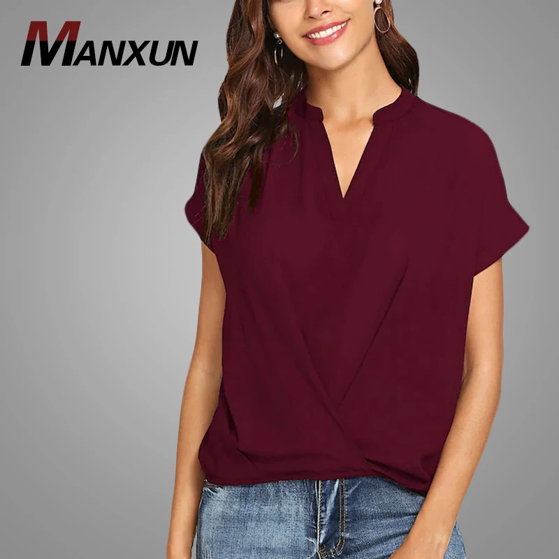 Latest Design Women Draped V Neck Plain Top Custom Casual Summer Top Hot Sell Women Tops