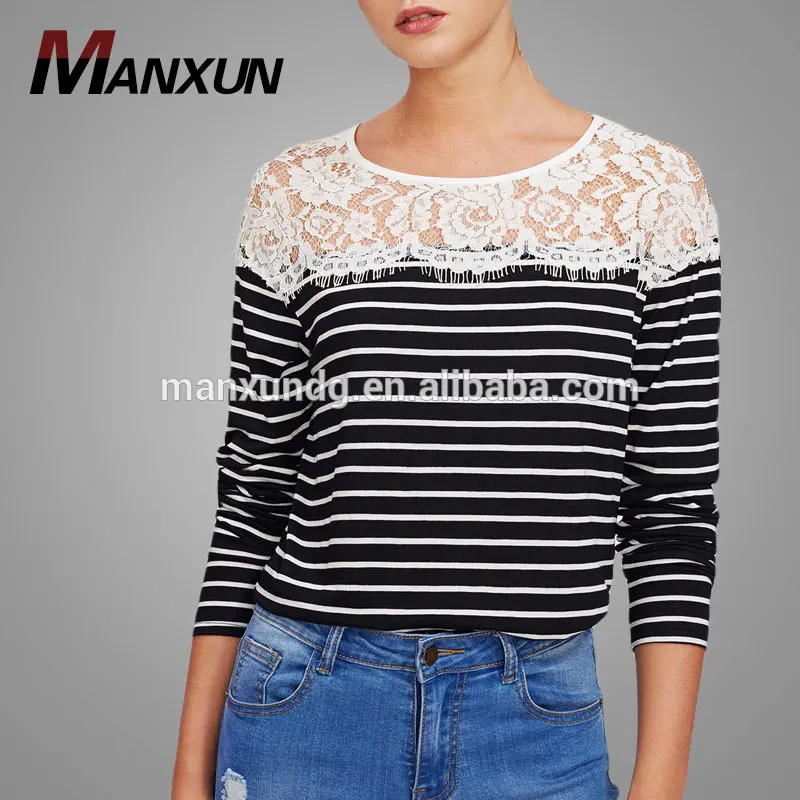 Ladies Lace Long Sleeve Blouse Casual Tops New 2017 Women Blouse Shirt Eyelash Lace Striped Top