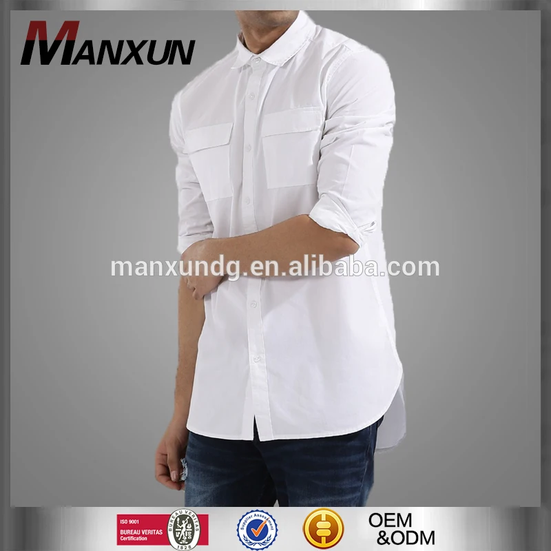 Latest Design Summer Mens Longline Fashion Plain White Shirt For Men Long Sleeve Slim Fit Cotton Shirt 2017