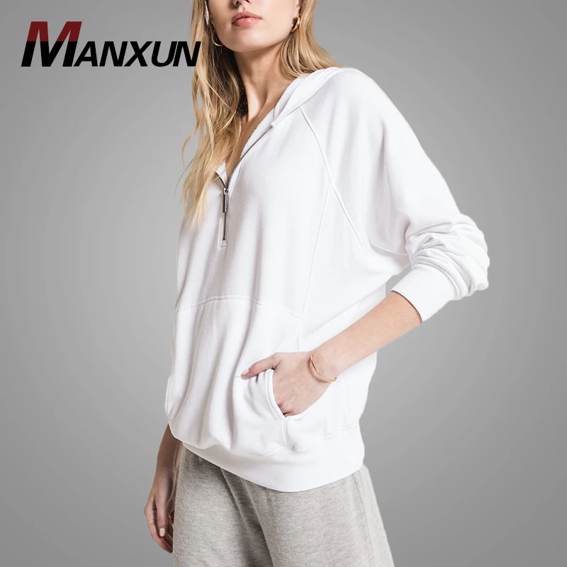 White Solid color Oversized Hoodie with Zipper Blank Custom Women Pullover Hoodie Wholesale
