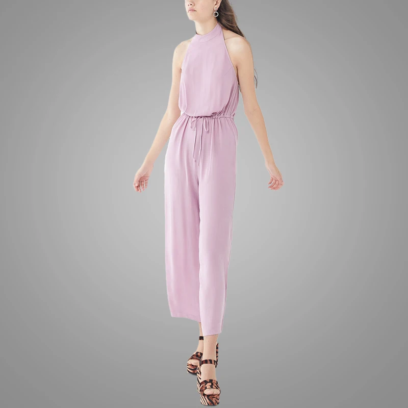 Hot Sale Crepe Halter Casual Ladies Jumpsuit Summer Thin Chiffon O-neck Pink Sexy Party Jumpsuit Women