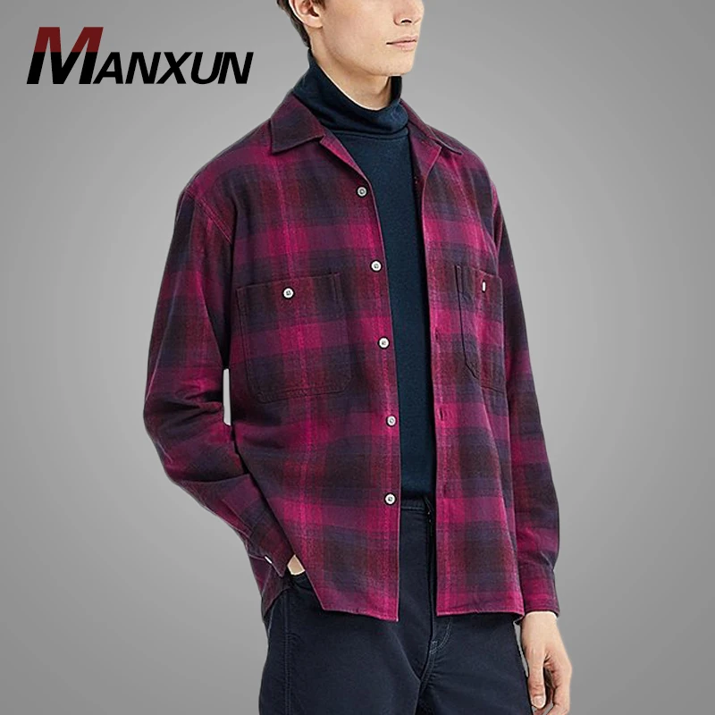 New Arrival Flannel Burgundy Plaid Men Shirt Autumn Casual Long Sleeve Shirt for Men