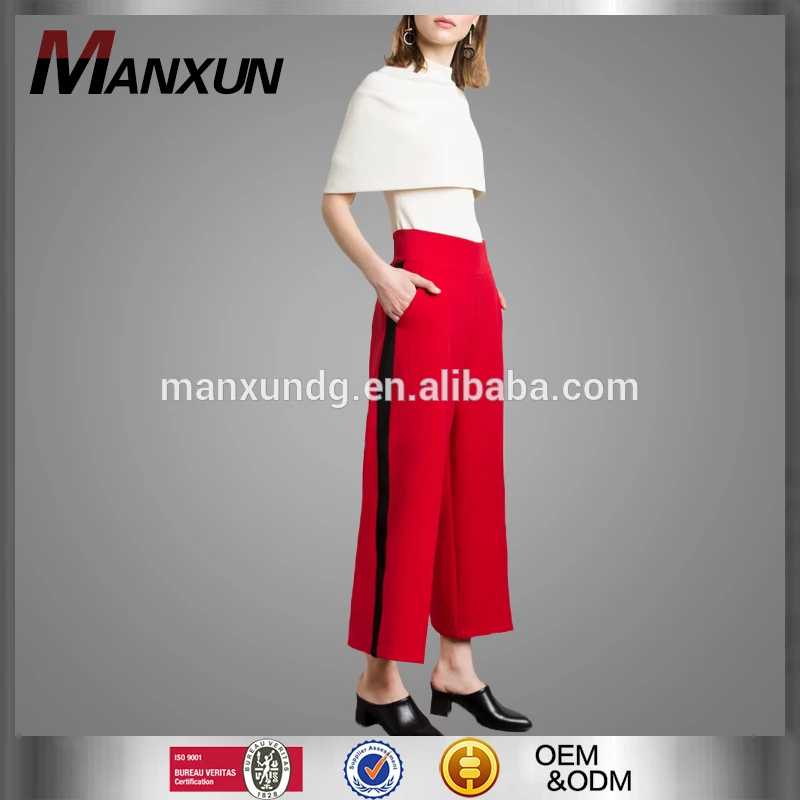 New Fashion Pants Pure Color Wide Leg Pants Red Side Crop Lady Pants